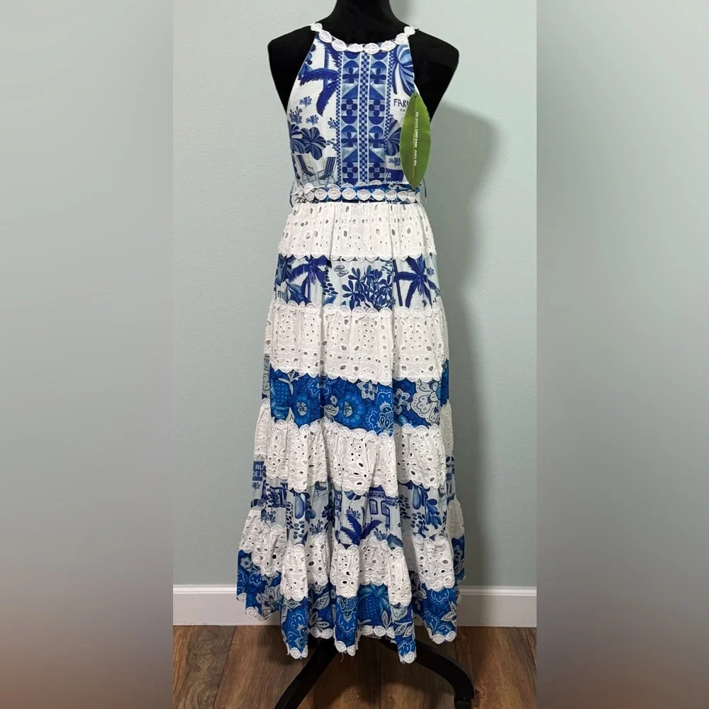 NWT FARM RIO Women’s White and Blue Prints Maxi Dress - XS